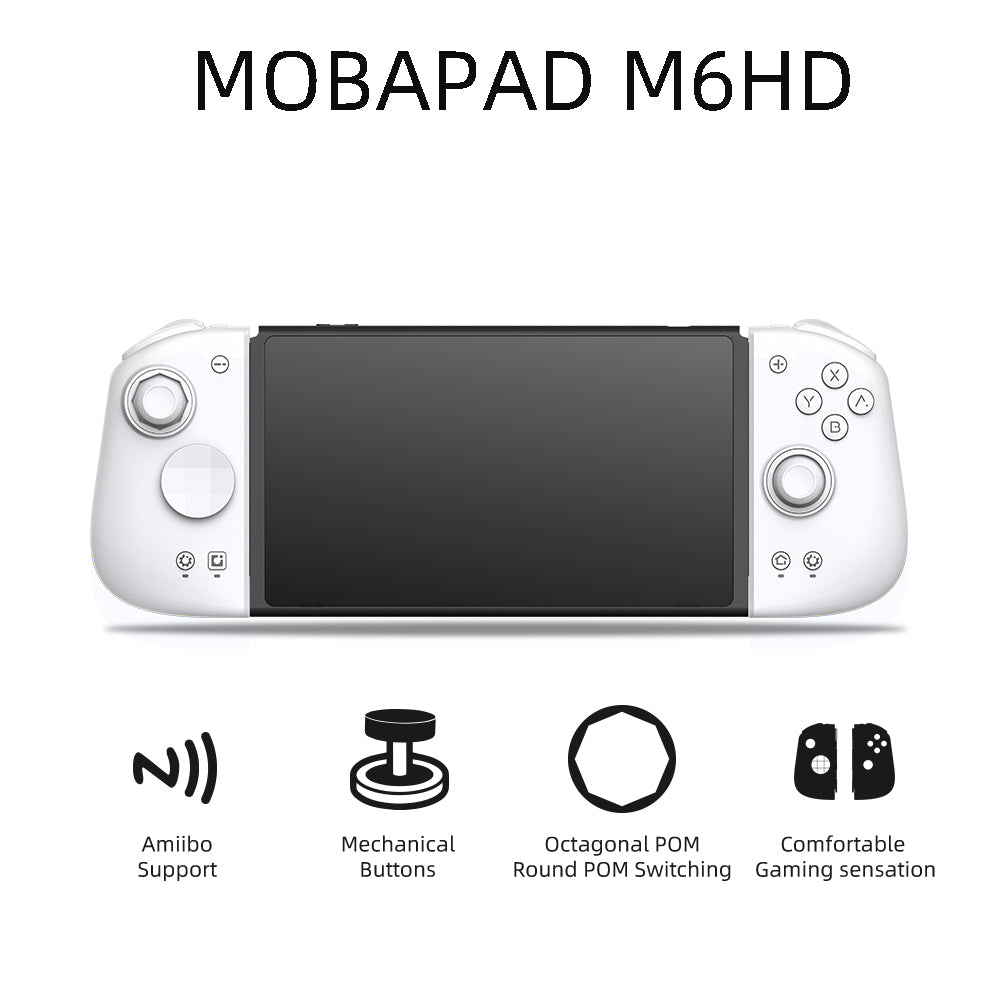 Front view of the MobaPad M6HD gaming controller featuring a sleek design with Amiibo support, mechanical buttons, octagonal POM round switching, and designed for a comfortable gaming sensation.
