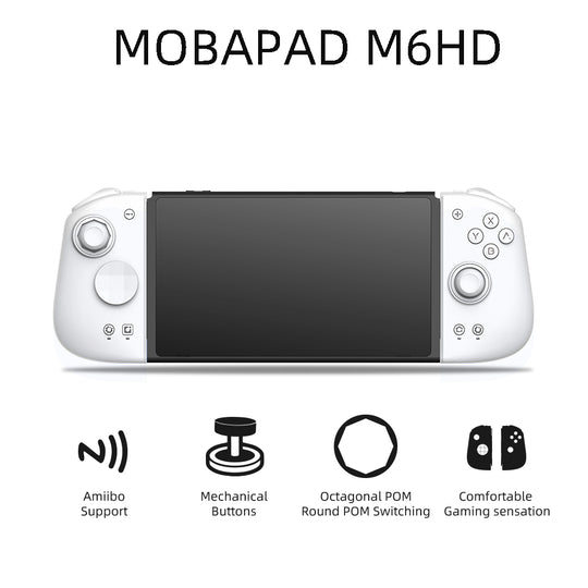 Front view of the MobaPad M6HD gaming controller featuring a sleek design with Amiibo support, mechanical buttons, octagonal POM round switching, and designed for a comfortable gaming sensation.