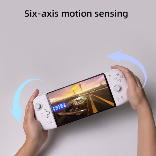 Hand holding a MobaPad M6HD-03 game controller demonstrating six-axis motion sensing technology with a racing game on the screen.