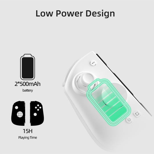 Close-up of the MobaPad M6HD gaming controller focusing on the low power design feature, showing a glowing green battery indicator and details of a dual 500mAh battery capacity with 15 hours of playing time.